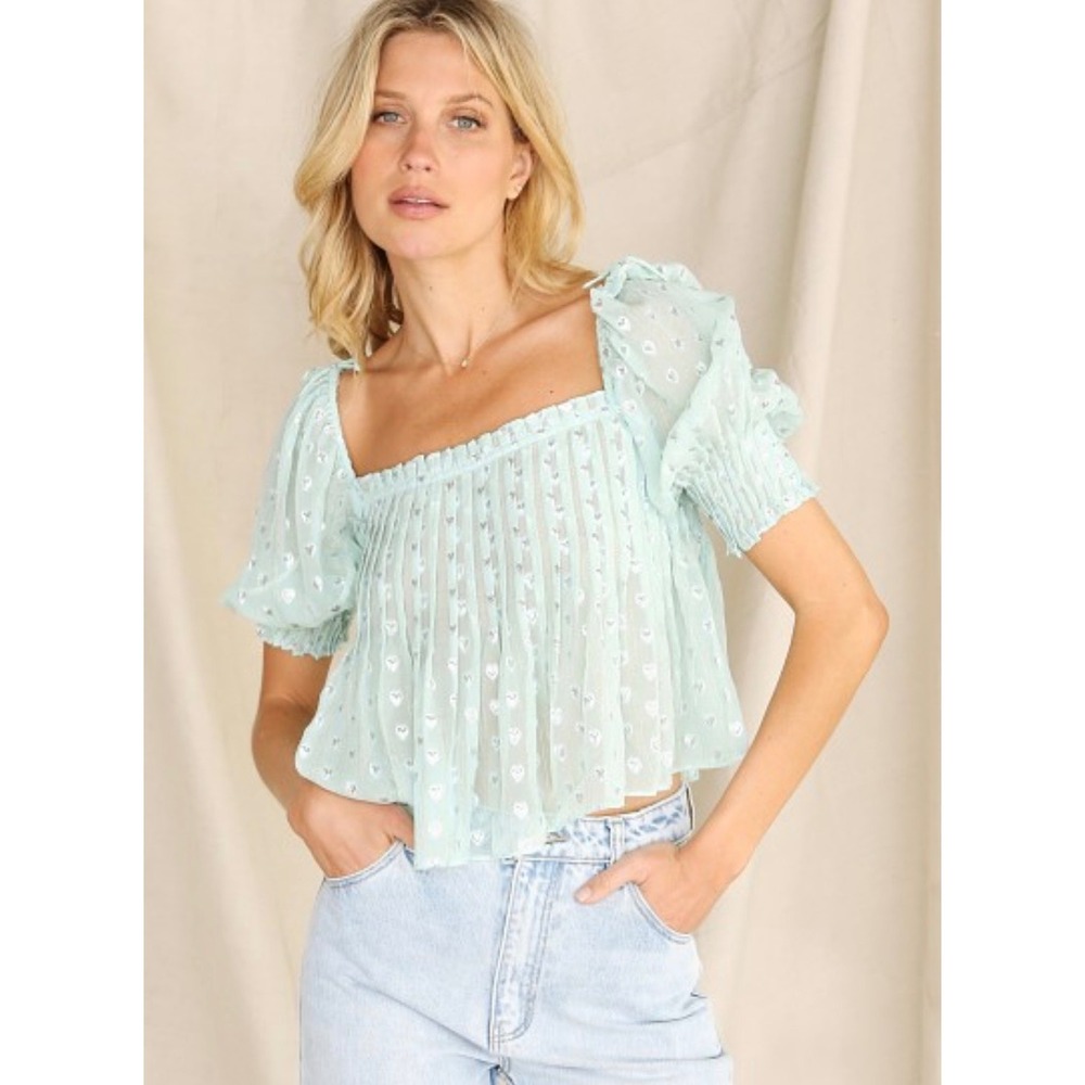 For Love & Lemons Mint Green Silk Metallic Heart Puff Sleeve Blouse Sz Small NWT
